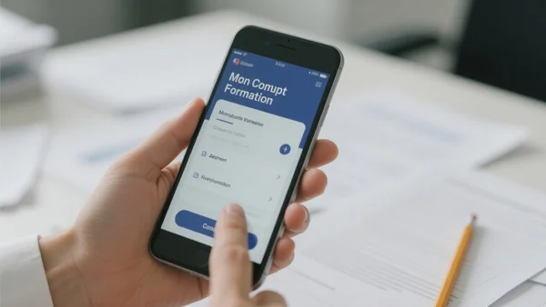 Premier plan sur un téléphone affichant l'application Mon Compte Formation, doigt appuyant sur l'écran, fond de bureau flou avec documents et crayon