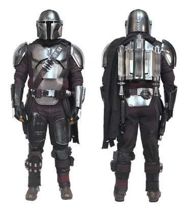 Costume de Din Djarin (The Mandalorian) présentant les vues avant et arrière, avec armure en beskar et jetpack.