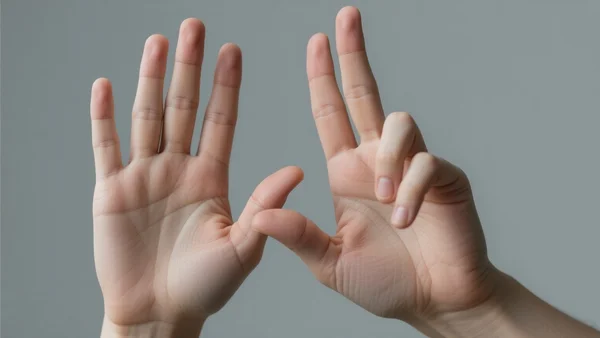 Deux mains d'une personne effectuant un signe en langue des signes française (LSF) devant un fond neutre, doigts et paumes bien visibles, vue frontale, pour illustrer la complexité gestuelle que l'IA doit analyser