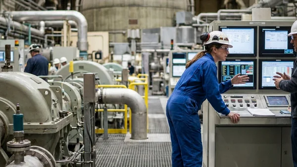 Personnel technique surveillant des écrans de contrôle dans une centrale nucléaire.