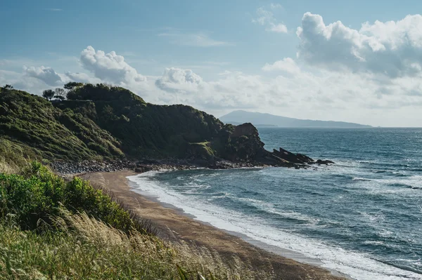 Un paysage côtier pittoresque avec une plage de sable qui longe la base d'une falaise verdoyante sous un ciel bleu parsemé de nuages. De douces vagues se déversent sur le rivage tandis que des montagnes lointaines sont visibles à l'horizon.