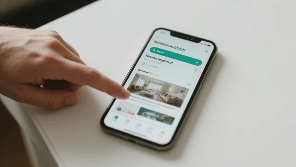 Un smartphone posé sur une table, écran affichant la page de recherche Airbnb avec le filtre 'Nouveau logement' activé, une main pointant l'écran, composition en plongée rapprochée, ambiance moderne et utilitaire pour illustrer la méthode concrète pour obtenir une réduction.