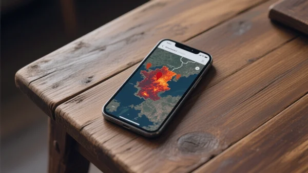 Capture d'écran réaliste d'une carte interactive de suivi des feux de forêt sur un smartphone posé sur une table en bois, avec des points rouges et orange représentant les foyers actifs en France, l'écran affichant des données satellites en temps réel