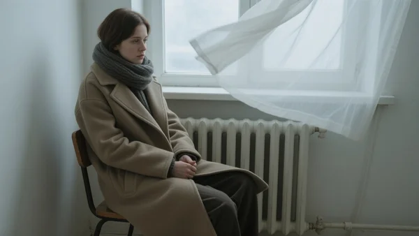 Jeune adulte assis dans un studio mal isolé, fenêtre avec courant d'air visible, radiateur éteint, vêtements chauds, plan moyen cadré sur la personne et l'espace restreint, intention : illustrer la précarité énergétique des jeunes face aux coupures