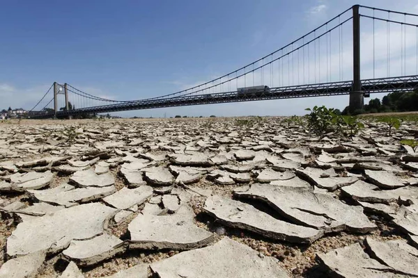 Terre craquelée par la sécheresse au premier plan, avec un pont suspendu en arrière-plan sous un ciel bleu.