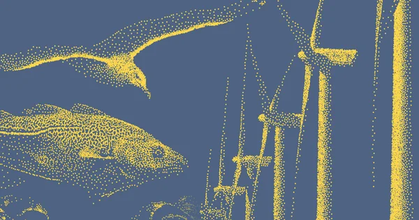 Illustration stylisée de la vie marine et de structures verticales évoquant des éoliennes.