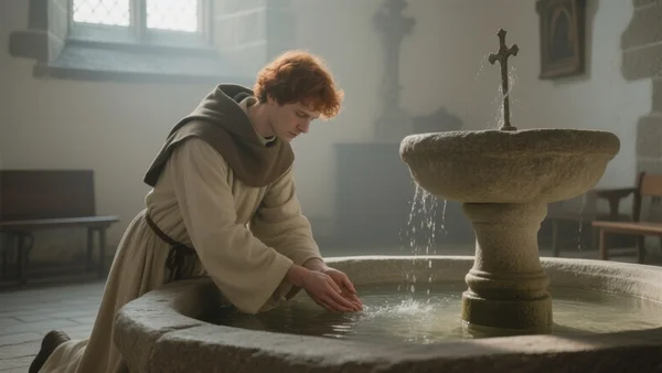 Pèlerin agenouillé devant une fontaine en pierre dans une chapelle bretonne, mains plongées dans l'eau, expression recueillie, lumière tamisée, atmosphère de dévotion