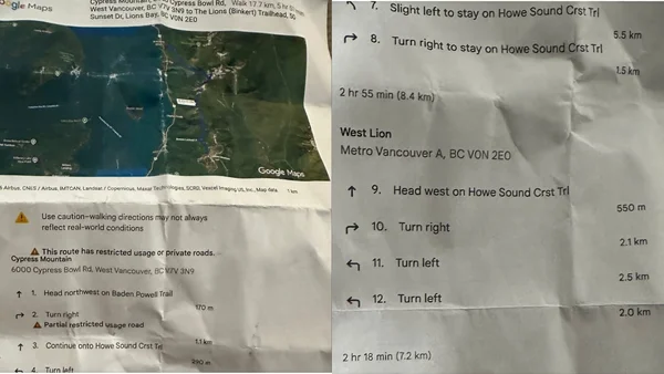 Exemple d'itinéraire Google Maps imprimé pour la randonnée vers West Lion, source de l'erreur.