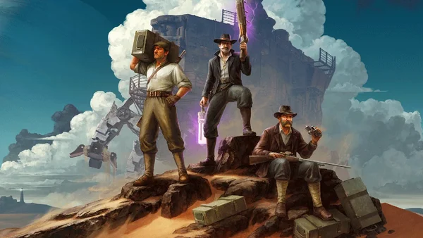 Trois hommes en tenue western et armés d'armes futuristes sur un affleurement rocheux, illustration de SAND: Raiders of Sophie.