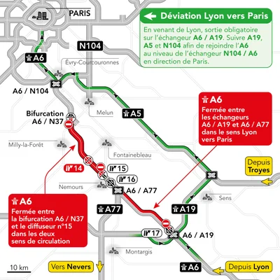 Carte des fermetures et déviations sur l'A6 à hauteur de Fontainebleau, en raison des incendies.