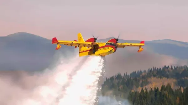Un Canadair larguant un produit retardateur lors d'un incendie de forêt.