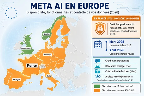 Carte de l'Europe montrant la disponibilité de Meta AI et le statut du contrôle des données en 2026.