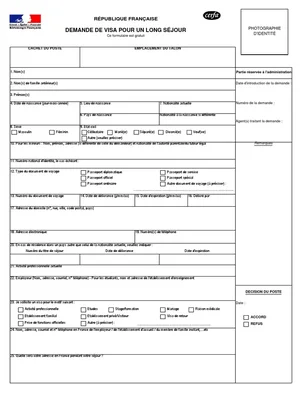 Formulaire de demande de visa long séjour pour la France.