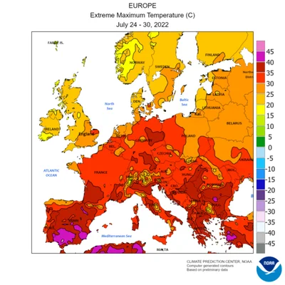Carte NOAA des températures maximales extrêmes en Europe pour la semaine du 24 au 30 juillet 2022.