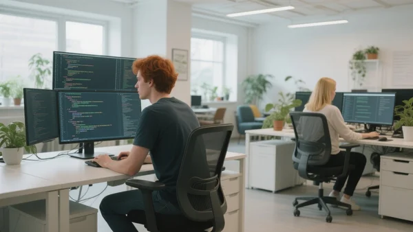 Vue large d'un plateau de start-up technologique avec des jeunes développeurs travaillant sur des postes de travail, des écrans affichant des lignes de code. Ambiance dynamique et tournée vers l'avenir, pour illustrer l'orientation de l'épargne européenne vers la tech et la transition écologique.