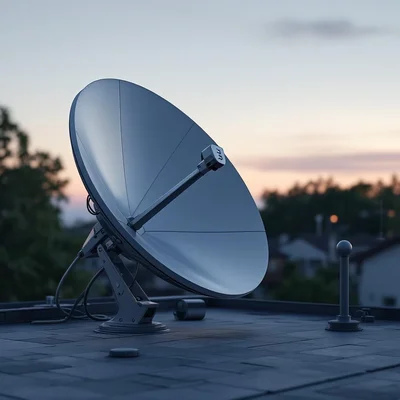 Antenne Starlink installée sur un toit en milieu résidentiel au crépuscule.