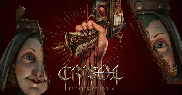 Affiche promotionnelle de Crisol: Theater of Idols avec un poignard ensanglanté et des visages de poupée.