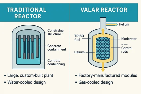Infographie comparant le réacteur traditionnel à eau et le réacteur à gaz de Valar Atomics.