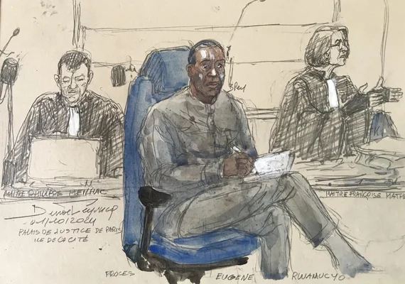 Croquis d'audience d'Eugène Rwamucyo lors de son procès à Paris.