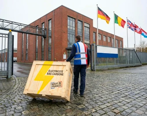 Un employé pousse une caisse d'électricité bas carbone française devant un bâtiment industriel, entouré de drapeaux de pays voisins.
