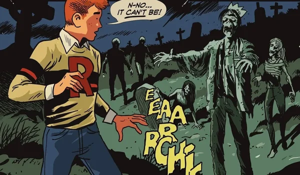 Archie horrifié par des zombies dans un cimetière, illustration d'Afterlife with Archie.