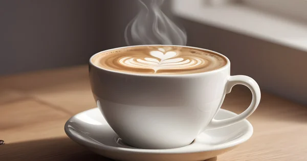 Un flat white fumant avec un cœur en latte art, dans une ambiance chaleureuse.