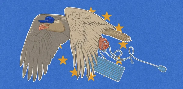 Illustration politique représentant les États-Unis et l'Union européenne autour des enjeux du Data Privacy Framework.