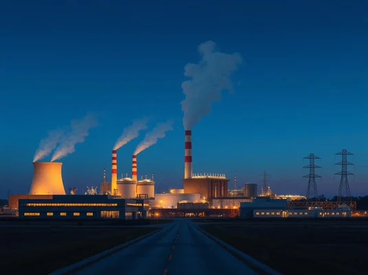 Centrale électrique au crépuscule, avec tour de refroidissement et cheminées émettant de la vapeur, illustrant la production d'énergie pour les centres de données de Meta.