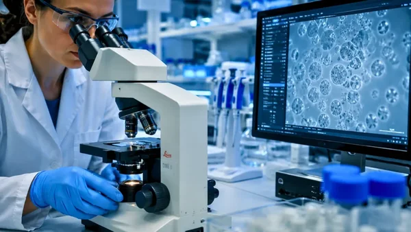 Chercheuse en laboratoire utilisant un microscope pour observer des cellules.