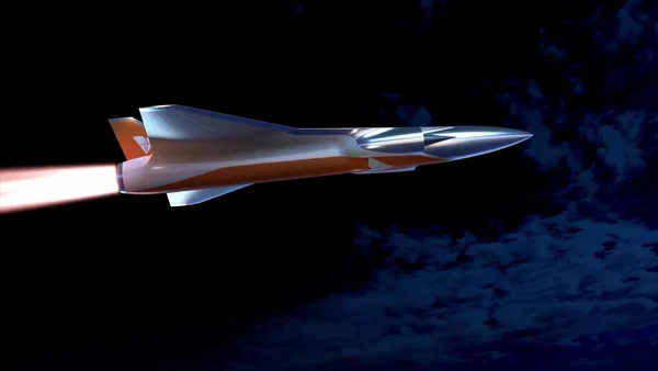 Concept artistique d'un engin spatial Venus Aerospace avec un nez pointu et une traînée de propulsion.