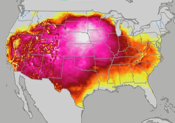 Carte météo illustrant le gigantesque dôme de chaleur recouvrant l'ensemble des États-Unis.