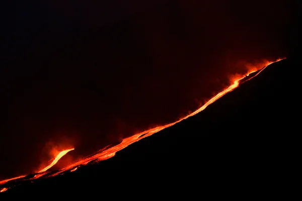 Coulée de lave incandescente sur les pentes de l'Etna la nuit.