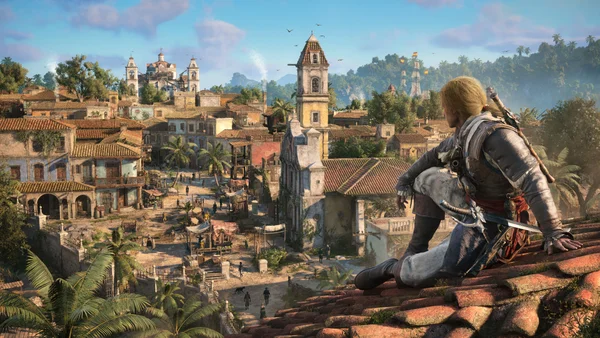 Capture d'écran d'Assassin's Creed IV: Black Flag : Edward Kenway sur un toit avec vue sur une ville coloniale.