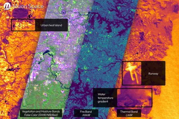 Visualisation satellite comparative de la même région dans différentes bandes spectrales, illustrant la capacité de détection thermique de FireSat.