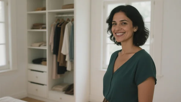Une femme souriante se tient devant une armoire bien rangée, vêtements soigneusement pliés et suspendus, lumière naturelle dans la pièce, ambiance sereine et apaisante, plan moyen.