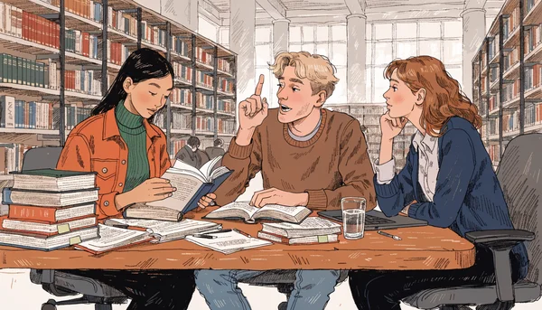 Trois jeunes adultes d'origines diverses assis autour d'une table en bois dans une bibliothèque universitaire, feuilletant des livres et discutant, vue en plan moyen
