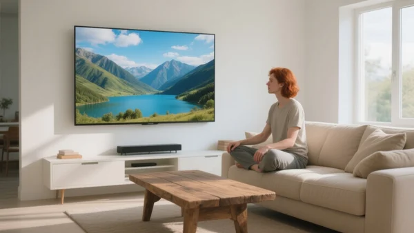 Plan large d'un salon moderne et lumineux avec canapé, table basse et un grand téléviseur mural allumé diffusant un paysage coloré. L'ambiance est accueillante et contemporaine, pour illustrer l'achat d'un premier téléviseur.