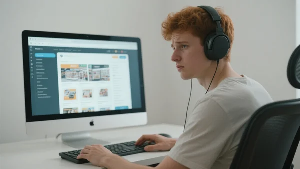 Jeune homme assis devant un écran d'ordinateur, casque sur les oreilles, mains sur le clavier, vue de trois quarts, l'écran affiche une interface de boutique numérique, l'expression est concentrée mais dubitative, pour évoquer le confort du dématérialisé et le sentiment d'impuissance des joueurs.