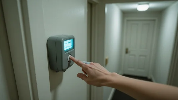 Main appuyant sur le bouton '+' d'un compteur Linky, écran lumineux, dans un couloir d'entrée, vue en plongée, intention : montrer le geste simple de vérification, ton vigilant et pratique