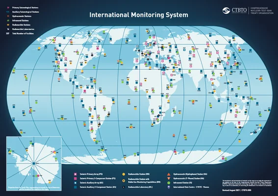 Carte mondiale des stations de surveillance du traité d'interdiction des essais nucléaires (OTICE).