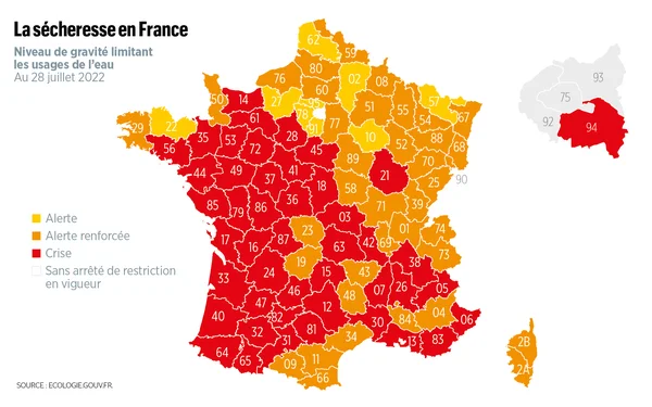 Carte des restrictions d'eau en France au 28 juillet 2022, indiquant les départements en alerte, alerte renforcée et crise.