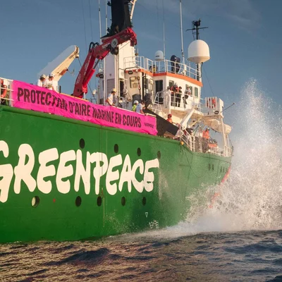 Le navire de Greenpeace avec la banderole rose en Méditerranée lors du dépôt des rochers anti-chalut.