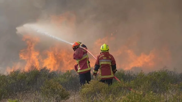Deux sapeurs-pompiers en action contre un feu de brousse dans le Var, arrosant les flammes.