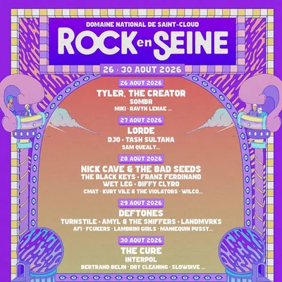 Affiche de la programmation complète du festival Rock en Seine 2026.