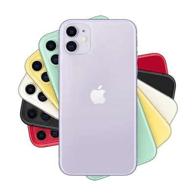 iPhone 11 déclinés en plusieurs coloris, dont un violet mis en avant sur fond blanc.