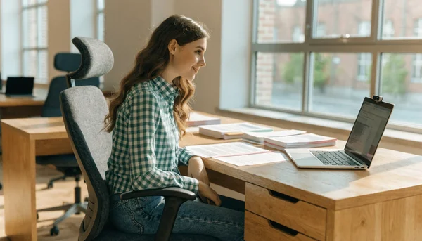Jeune femme diplômée assise à un bureau, regardant son ordinateur portable d'un air découragé, des CV imprimés éparpillés devant elle, dans une chambre d'étudiant, plan moyen, intention : montrer la désillusion et l'incertitude des jeunes face au marché du travail