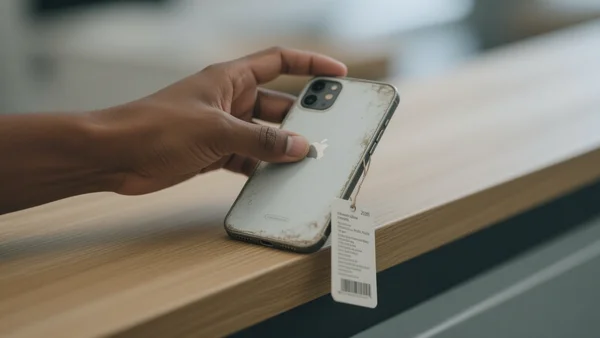 Main tenant un smartphone reconditionné, coque légèrement usée, étiquette de prix visible en dessous, sur fond de comptoir en bois, angle rapproché, ambiance sobre et quotidienne