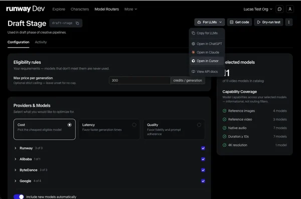 Interface de configuration du routeur de modèles d'IA de Runway, avec options de coût, latence et qualité.