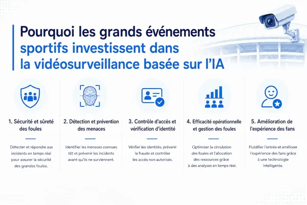 Infographie expliquant les raisons de l'investissement dans la vidéosurveillance par IA pour les grands événements sportifs comme la Coupe du Monde.