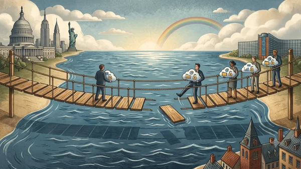 Illustration évoquant les difficultés des transferts de données entre les États-Unis et l'Europe dans le cadre du Data Privacy Framework.